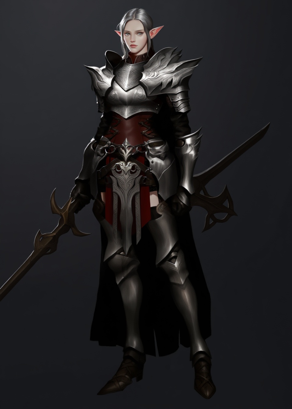 A digital illustration of an elven warrior in detailed fantasy armor,  holding a sheathed sword. The character has pale sk...