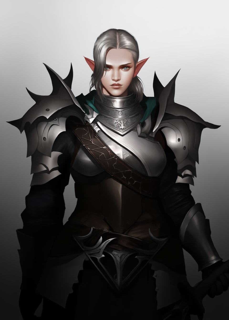 A digital illustration of an elven warrior in detailed fantasy armor,  holding a sheathed sword. The character has pointed...