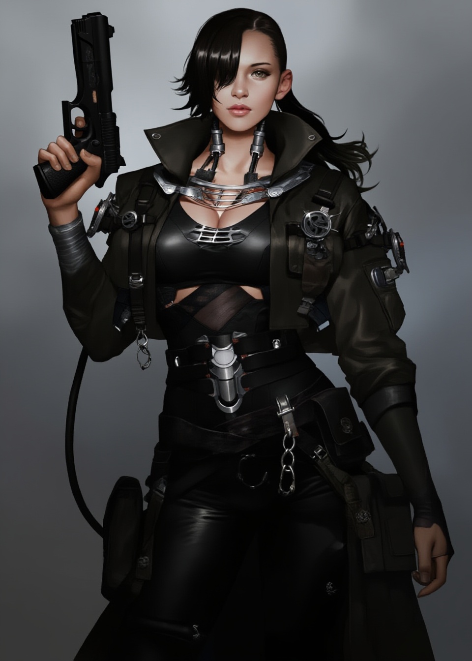 A detailed digital illustration depicts a female,  holding a gun. thin seamless cyborg mechanics inside skin. dark mechani...
