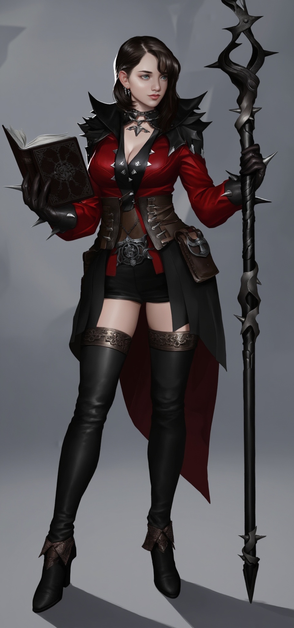 Digital artwork of a dark-haired woman in a red and black fantasy outfit,  holding a book and a spiked staff.,  . masterpi...