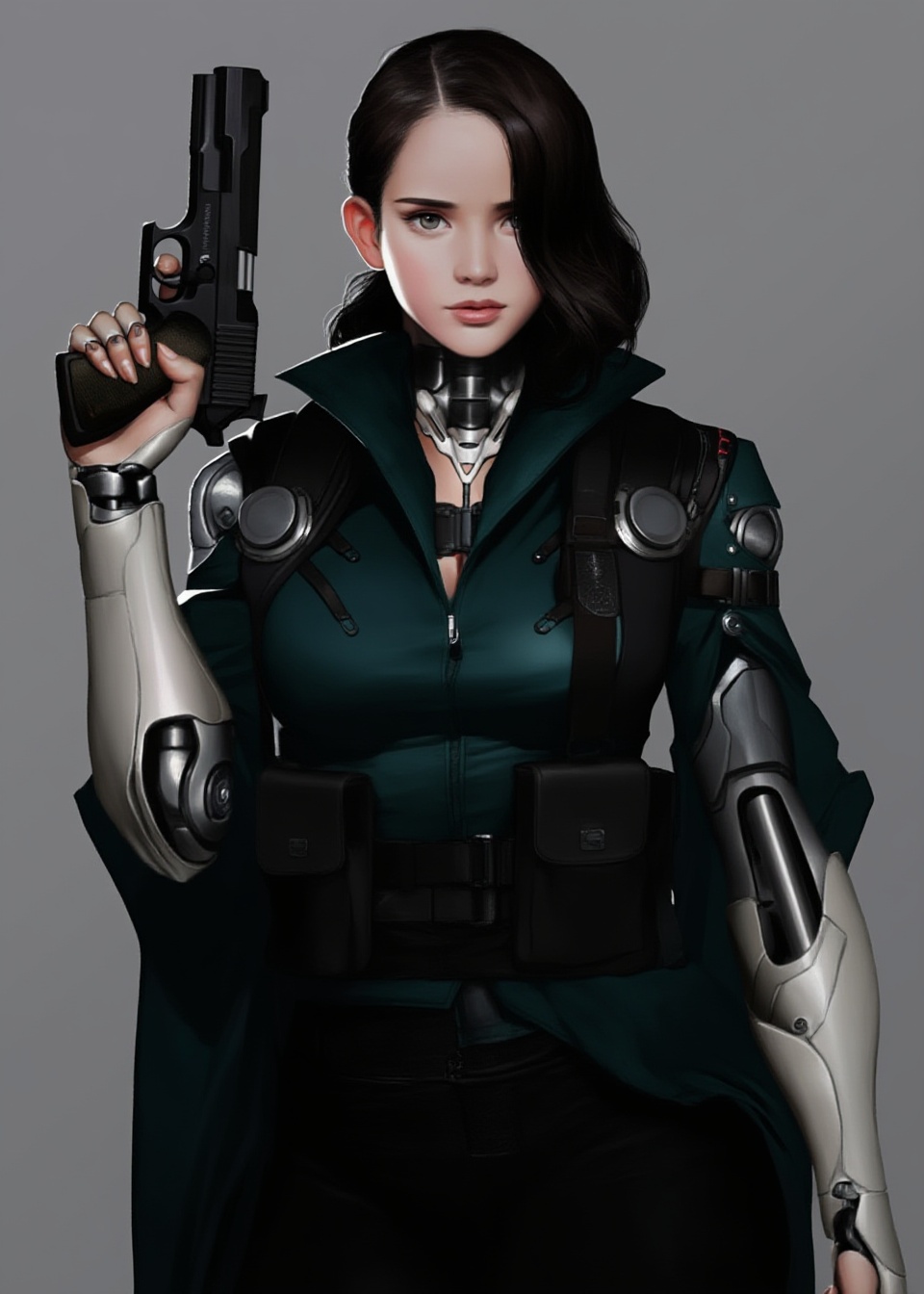 A detailed digital illustration depicts a female,  holding a gun. thin seamless cyborg mechanics inside skin. dark deep gr...