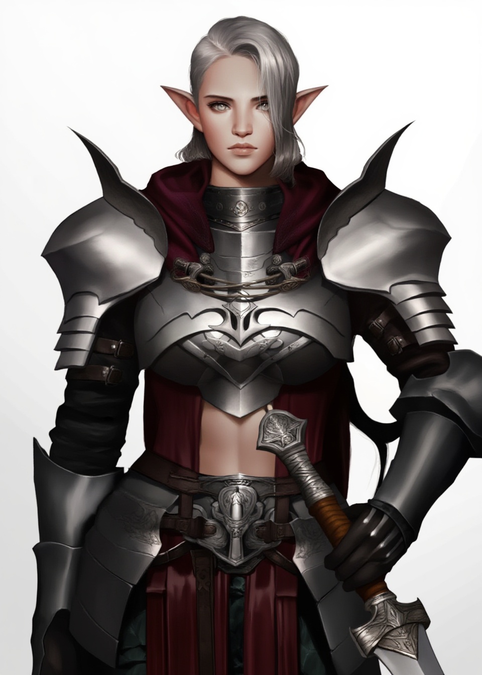 A digital illustration of an elven warrior in detailed fantasy armor,  holding a sheathed sword. The character has pointed...