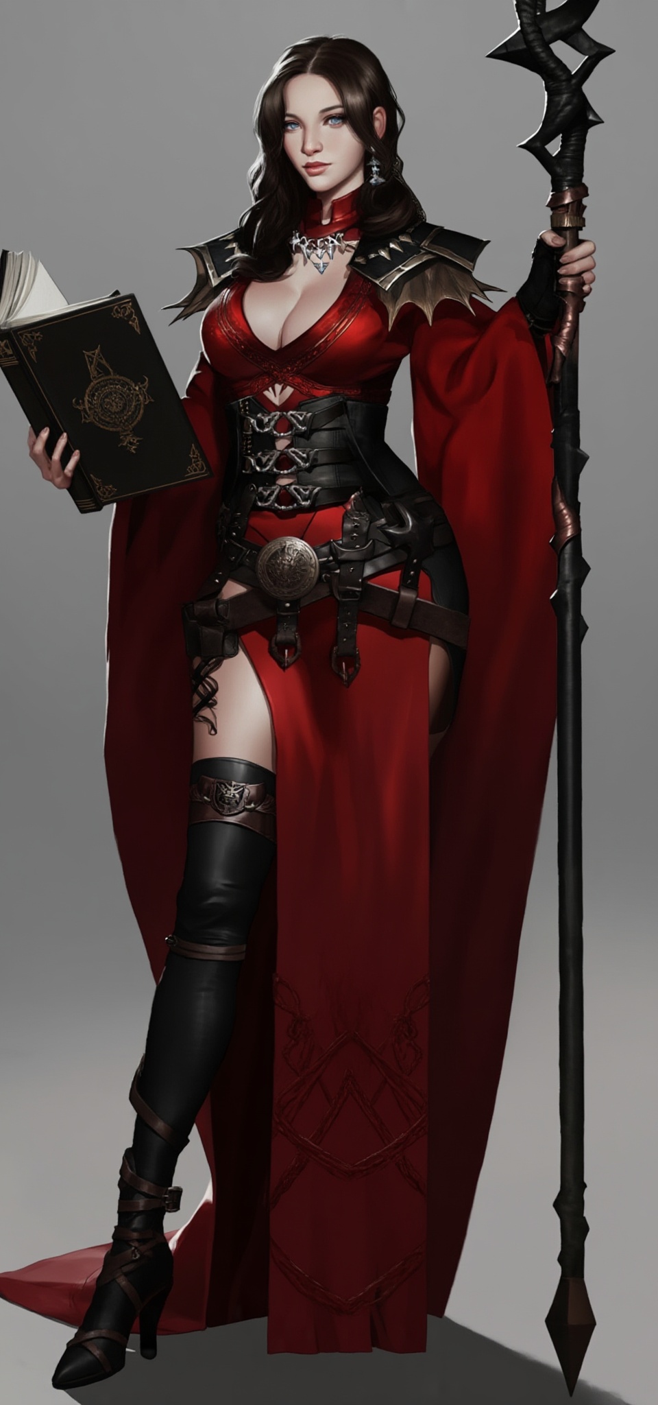 Digital artwork of a tall,  slender,  dark-haired woman in a revealing red and black fantasy outfit on Tensor.Art