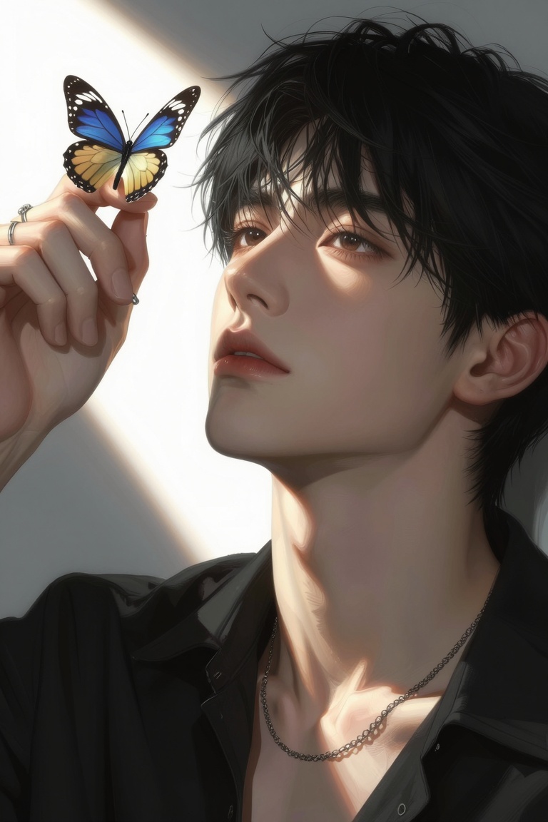 A top-down portrait of a young man looking up toward the camera. He has short black hair styled away from his forehead. He...