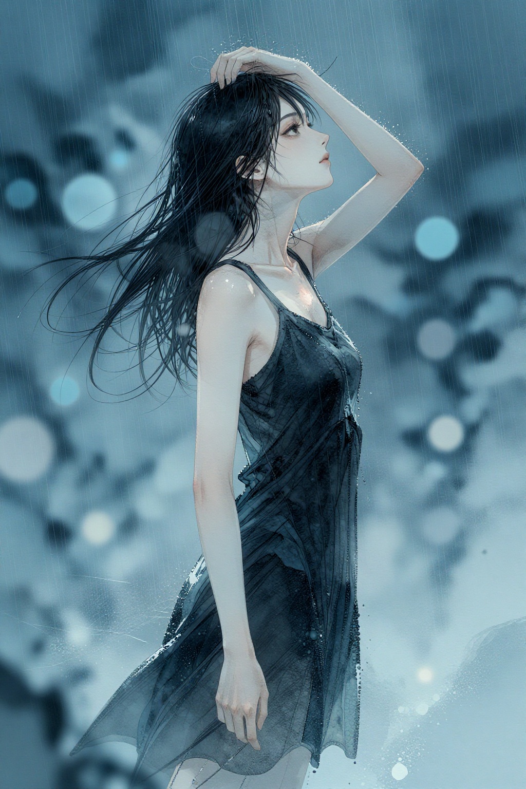 This image is a captivating piece of abstract art,  created with watercolor and ink.,  The image depicts a young woman sta...
