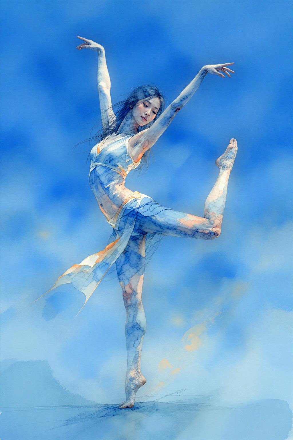 This image is a captivating piece of abstract art,  created with watercolor. The image depicts a dancer in a dynamic pose,...