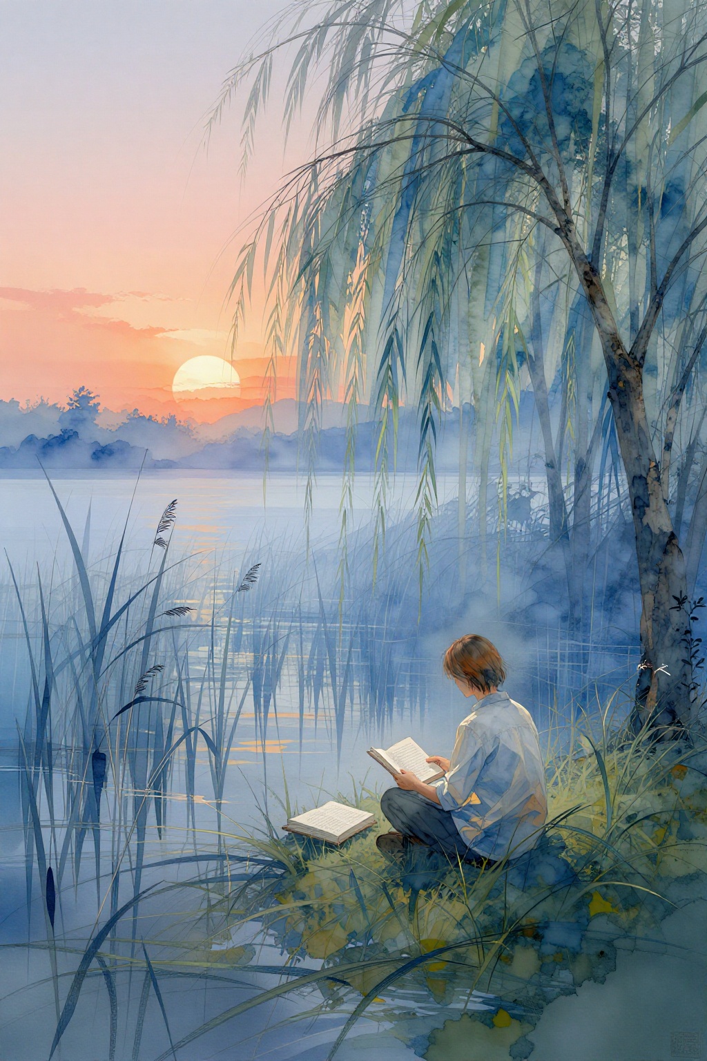 This image is a captivating piece of abstract art,  created with watercolor and ink.,  The image depicts a serene by 让AI更感...