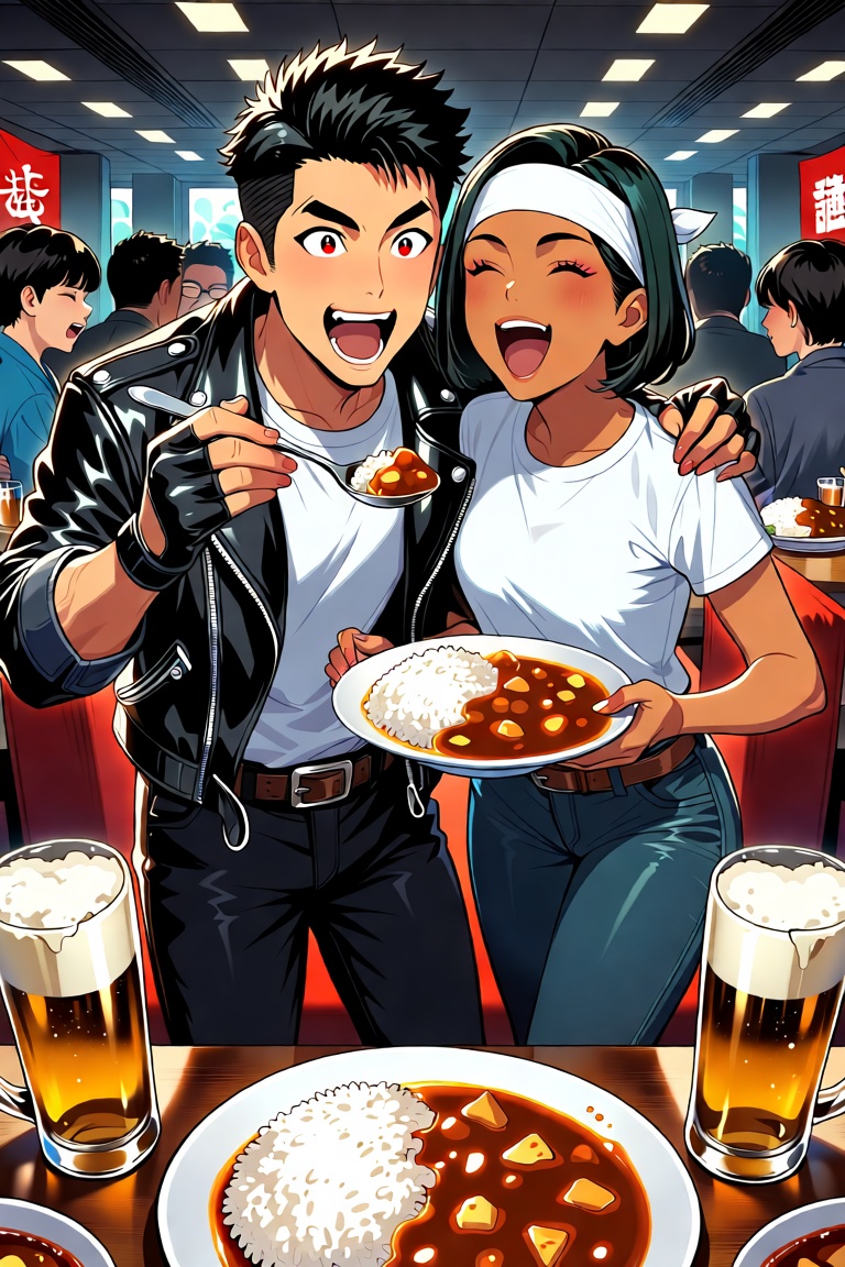 Masterpiece shot head-on: surprised and pleased Japanese man and woman,  faces aglow with joy,  mouths wide open as they d...