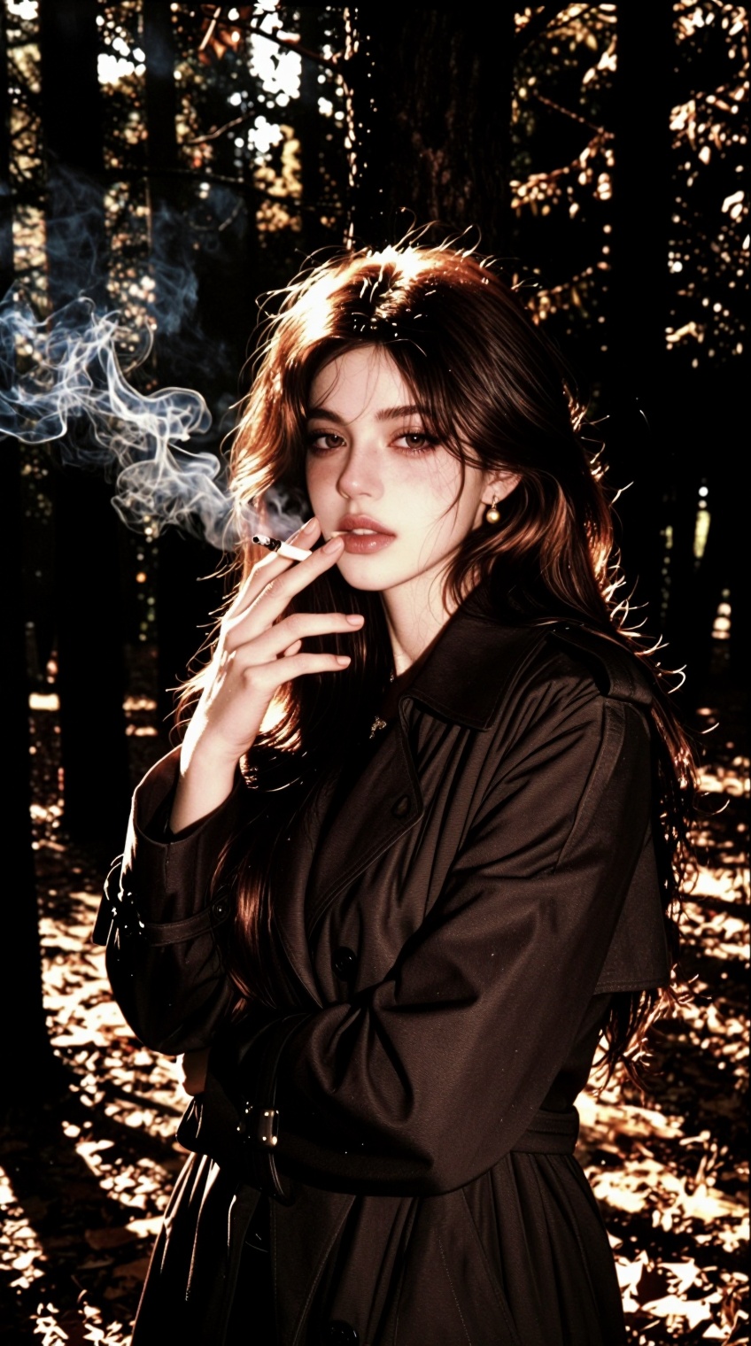 retro photo,  Faded snapshot of a young woman in a dark forest,  shot on a mobile phone with noticeable graininess. She st...