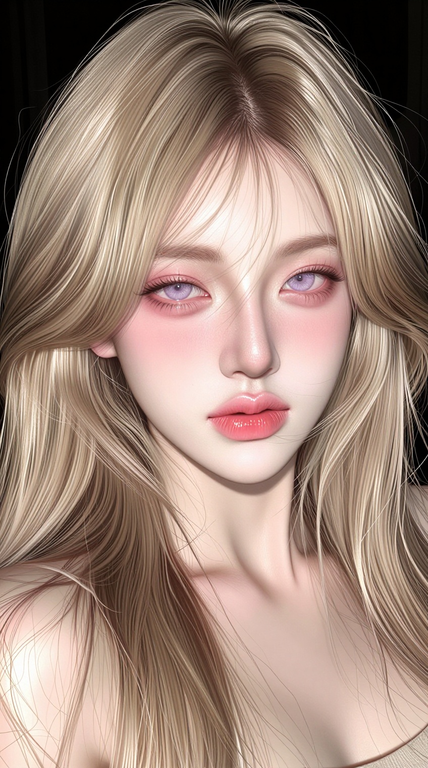 A close-up portrait features a young woman with long,  flowing platinum-blonde hair framing her face against a deep black...
