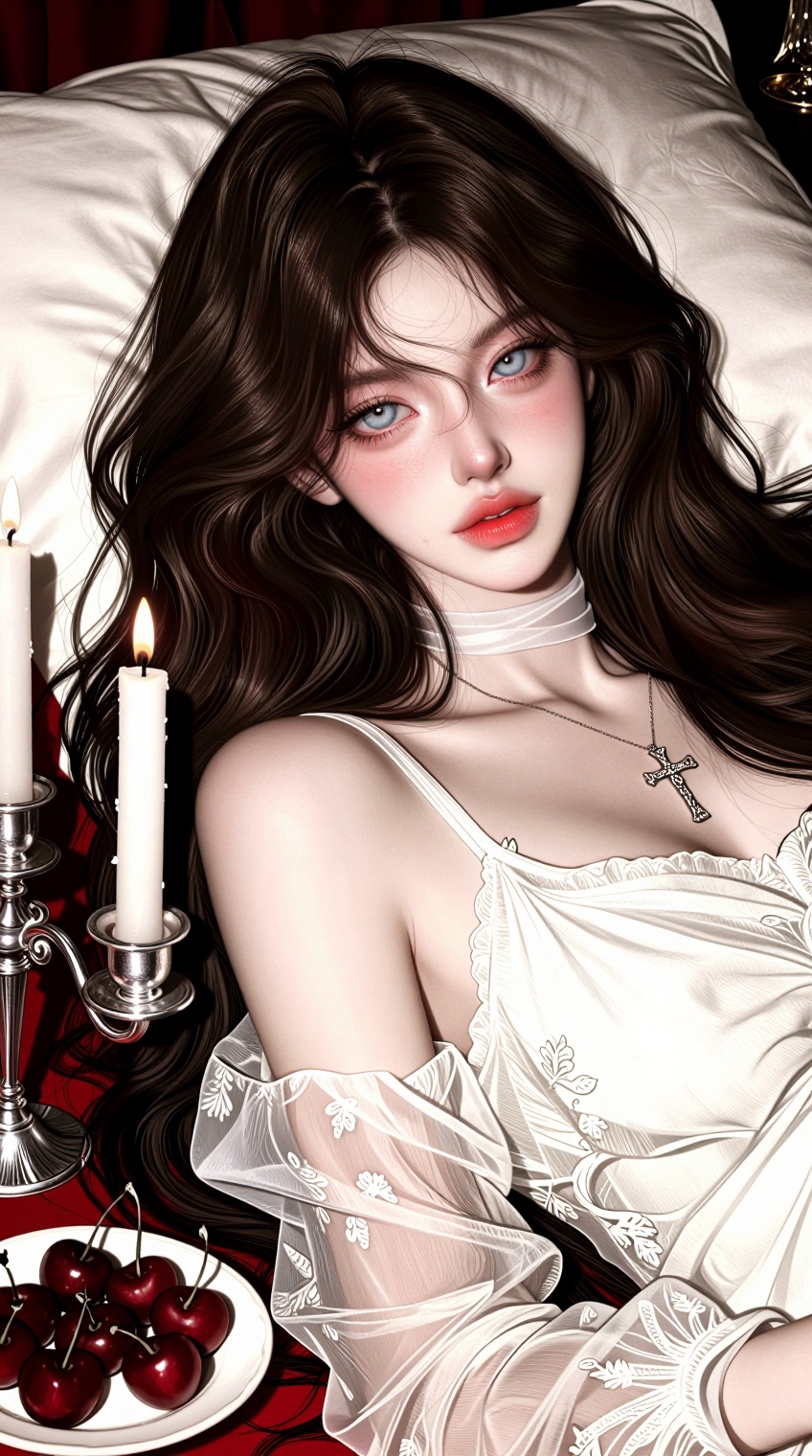 lum1_ell3,  A young woman with long,  wavy dark brown hair and pale skin reclines against soft white bedding on Tensor.Art