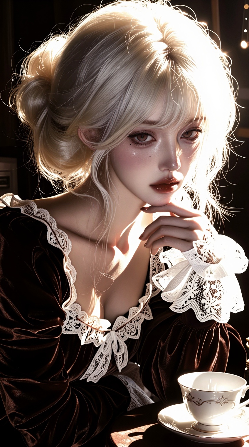 A high-detail medium shot of a stunning young woman with a melancholic,  doll-like face,  evoking a modern Rococo aestheti...