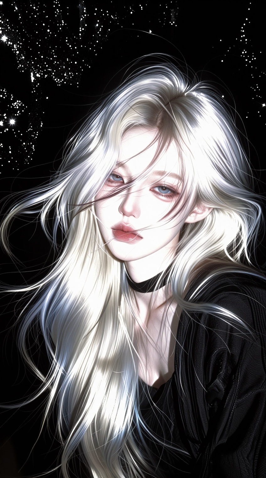 A close-up,  ethereal portrait of a pale and beautiful young lii_g1rl woman with a melancholic,  doll-like expression. Her...