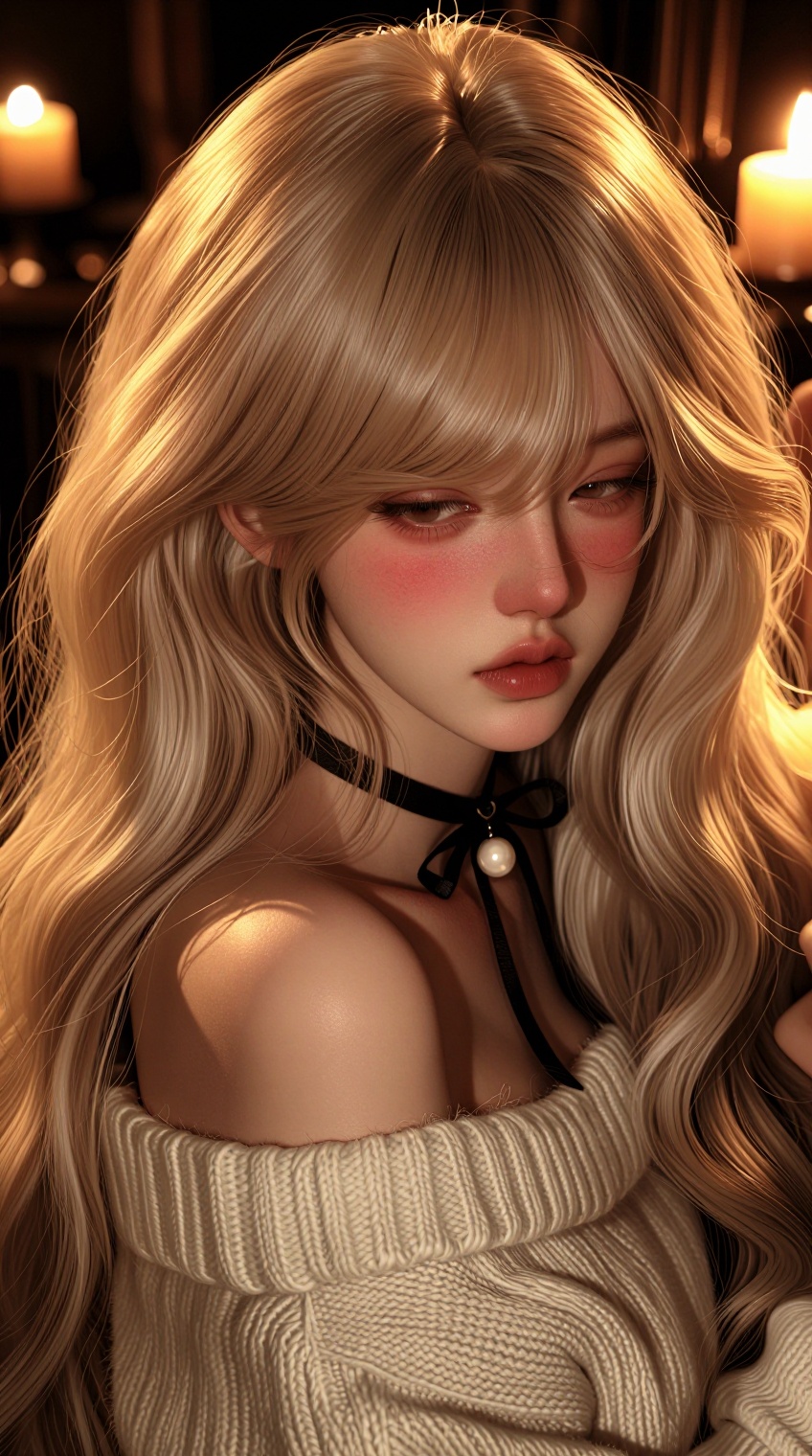 A soft and intimate close-up portrait of a beautiful young woman with a delicate,  doll-like face. She has long,  volumino...
