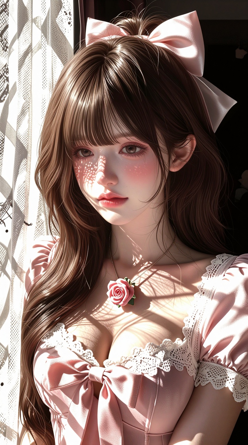 A young woman with soft brown wavy hair and bangs gazes forward,  her face illuminated by dappled sunlight filtering throu...
