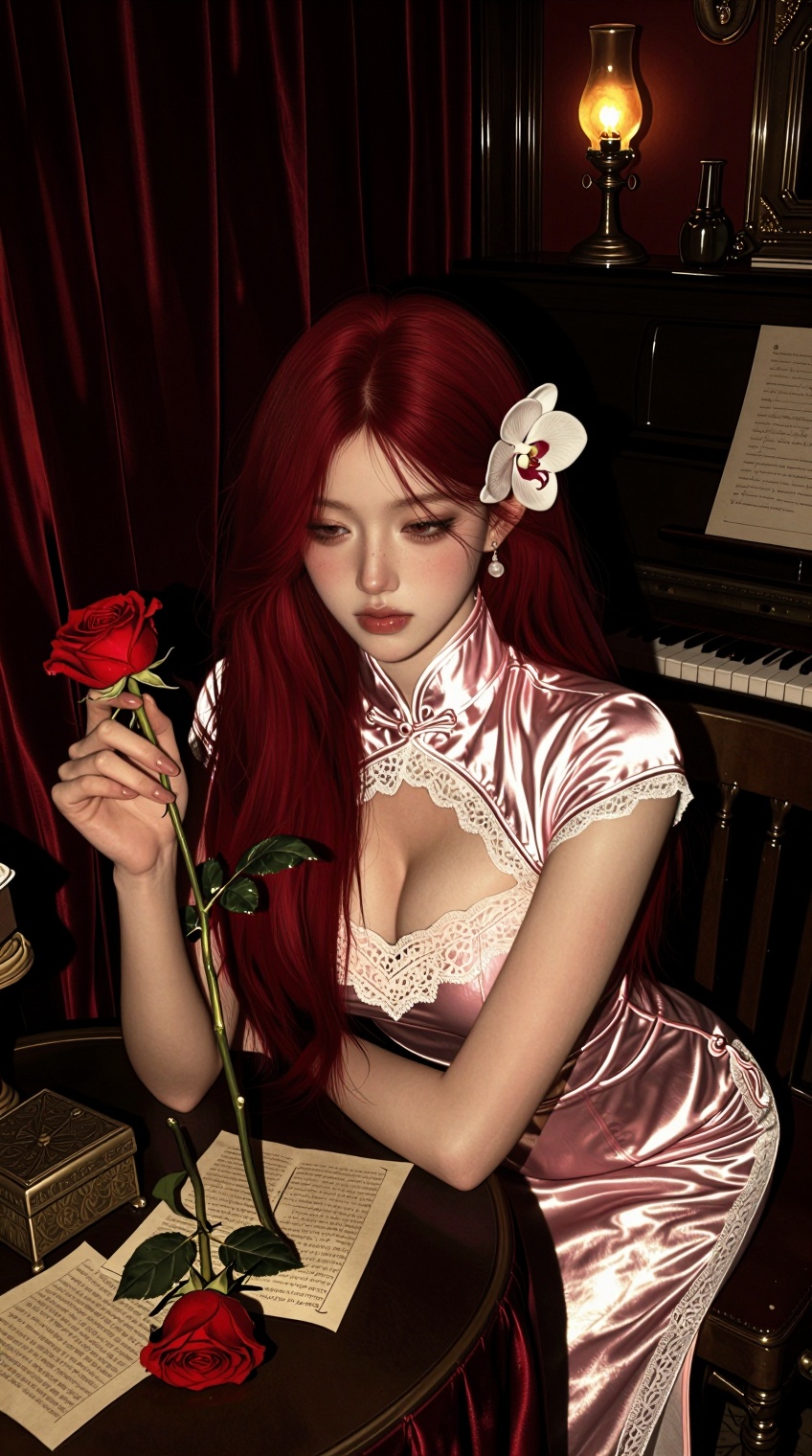 A young woman with long,  deep red hair sits at a round table in a dimly lit room,  her gaze lowered. She wears a shimmeri...