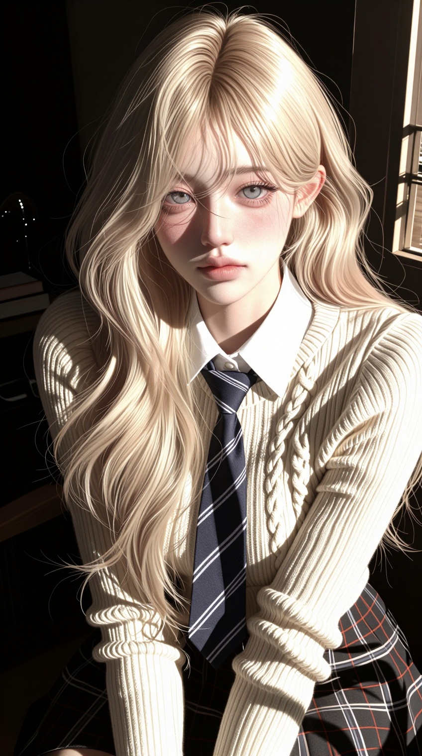 A young woman with long,  wavy platinum blonde hair sits in soft,  directional sunlight that casts gentle shadows across h...