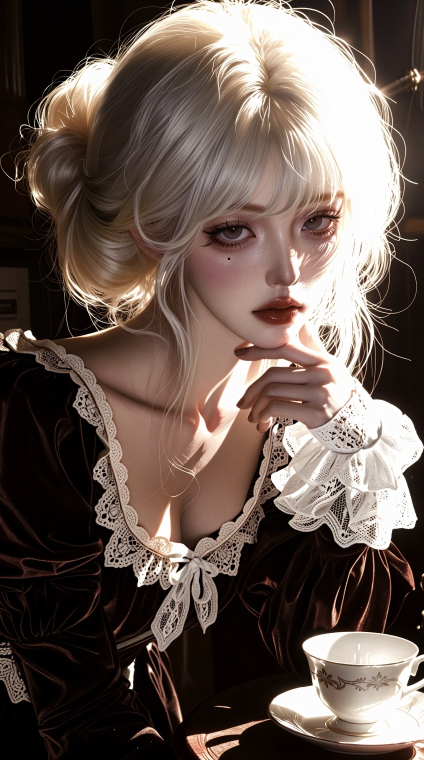 A high-detail medium shot of a stunning young woman with a melancholic,  doll-like face,  evoking a modern Rococo aestheti...