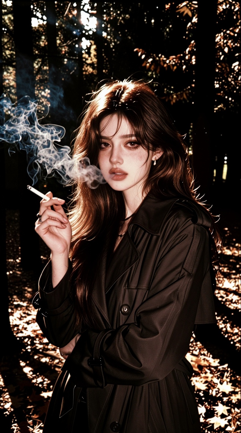 retro photo,  Faded snapshot of a young woman in a dark forest,  shot on a mobile phone with noticeable graininess. She st...