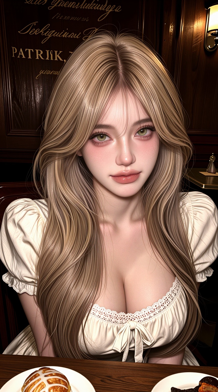 A young woman with long,  wavy ash-blonde hair sits at a wooden table in a warmly lit café interior. She wears a cream-col...