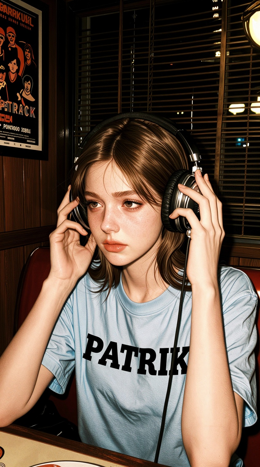 lum1_ell3,  A young woman with light skin and medium-length brown hair sits in a dimly lit diner wearing a light blue "PAT...