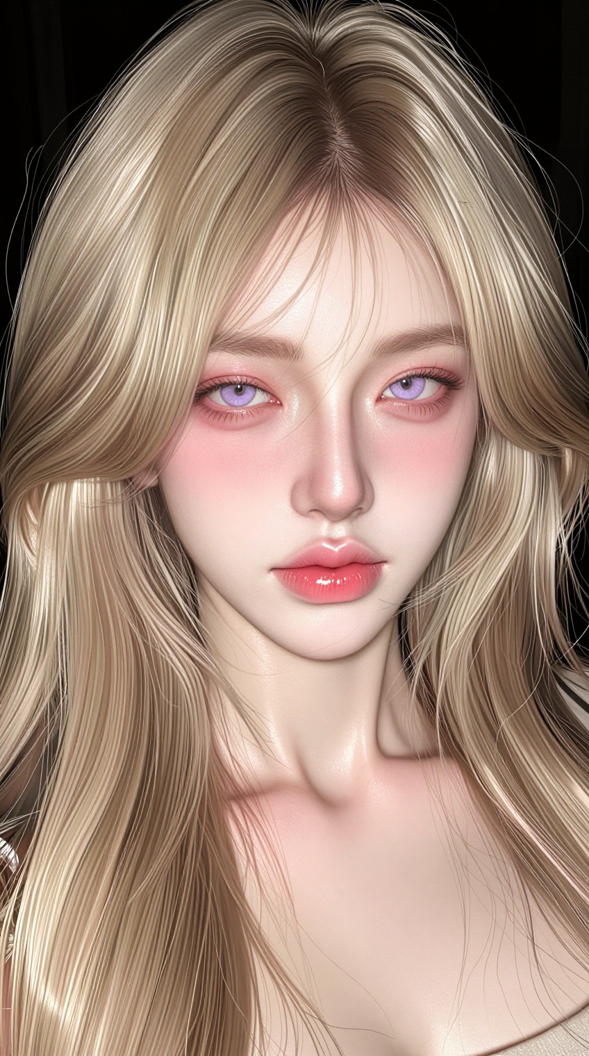 A close-up portrait features a young woman with long,  flowing platinum-blonde hair framing her face against a deep black...