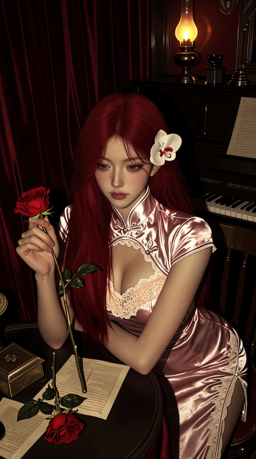 A young woman with long,  deep red hair sits at a round table in a dimly lit room,  her gaze lowered. She wears a shimmeri...