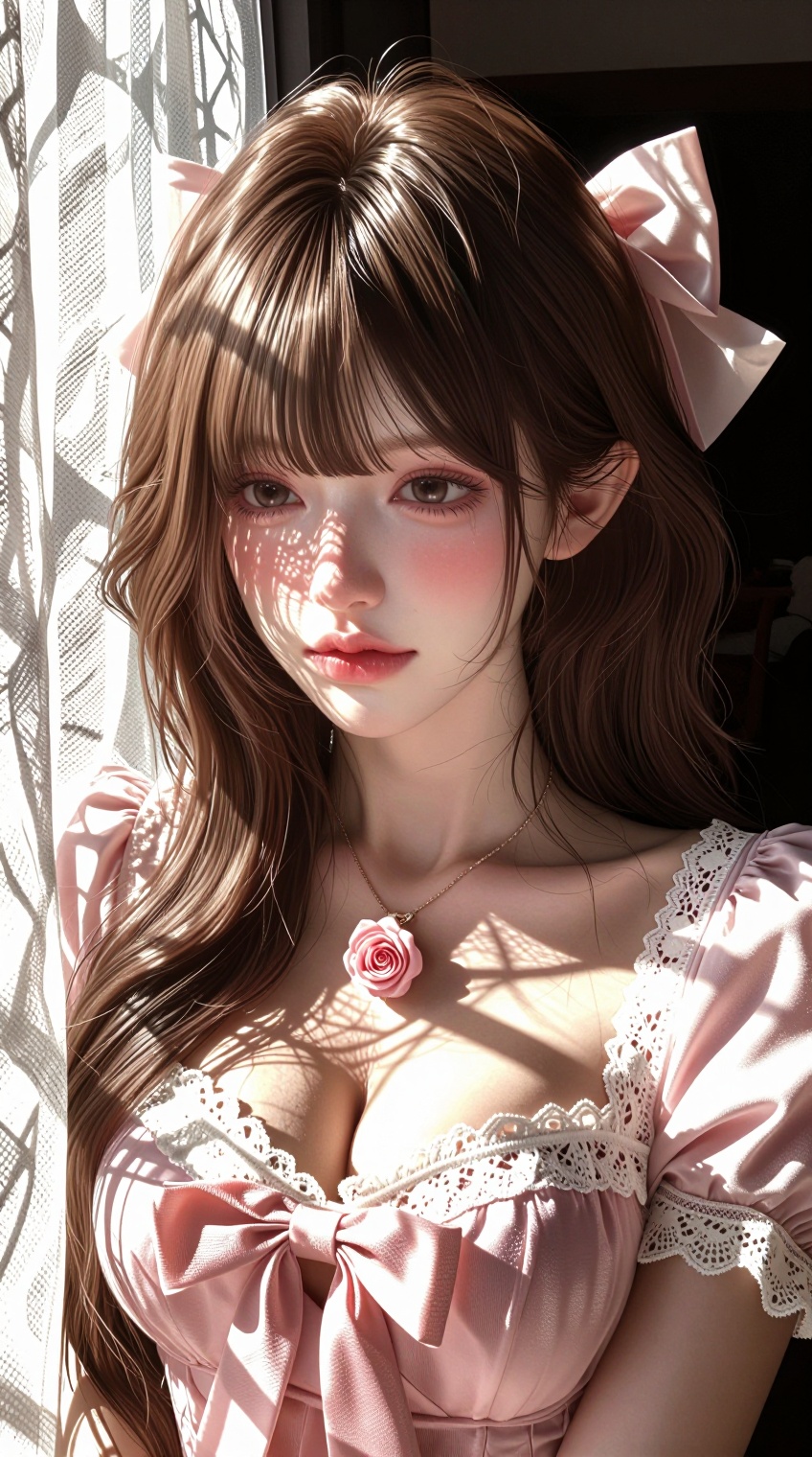 A young woman with soft brown wavy hair and bangs gazes forward,  her face illuminated by dappled sunlight filtering throu...