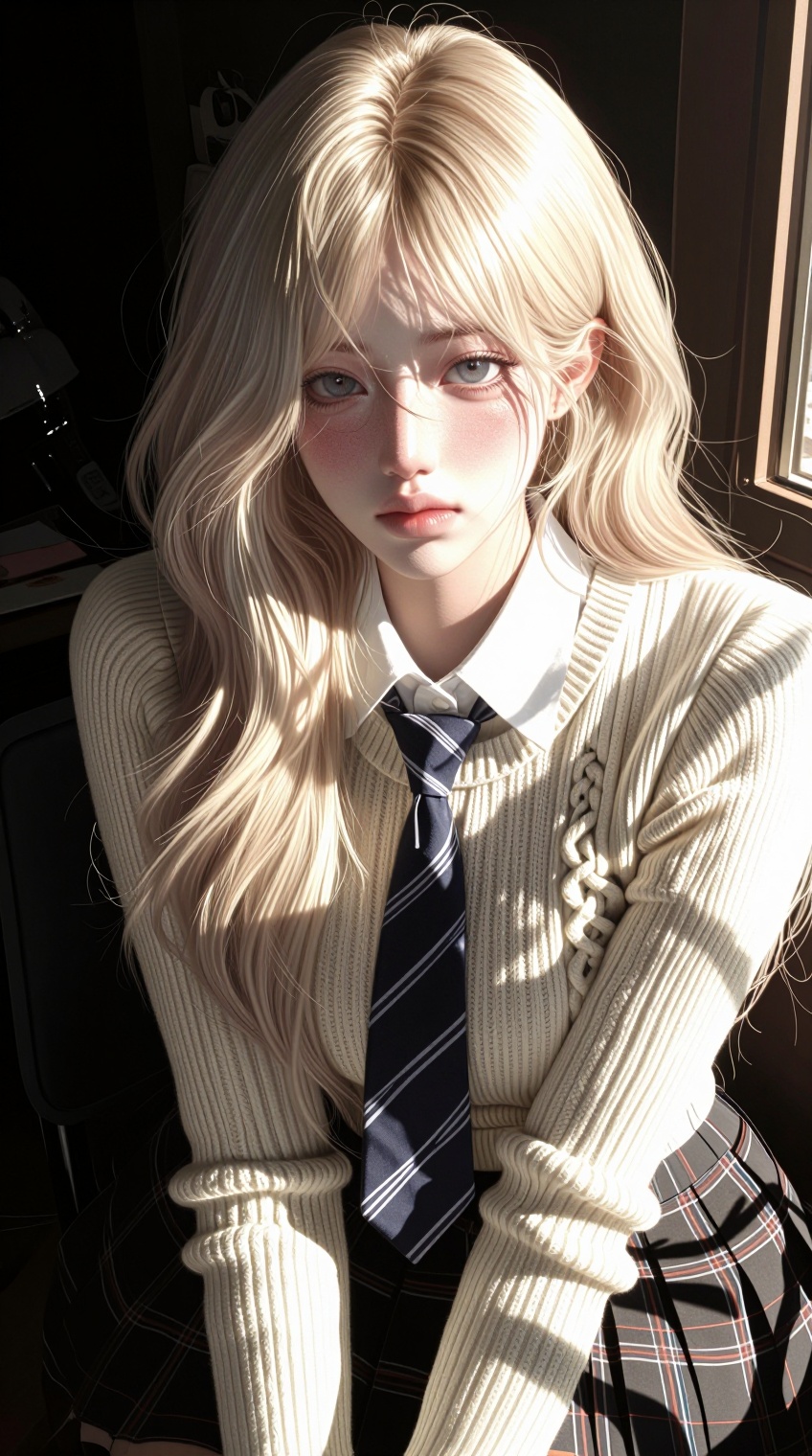 A young woman with long,  wavy platinum blonde hair sits in soft,  directional sunlight that casts gentle shadows across h...