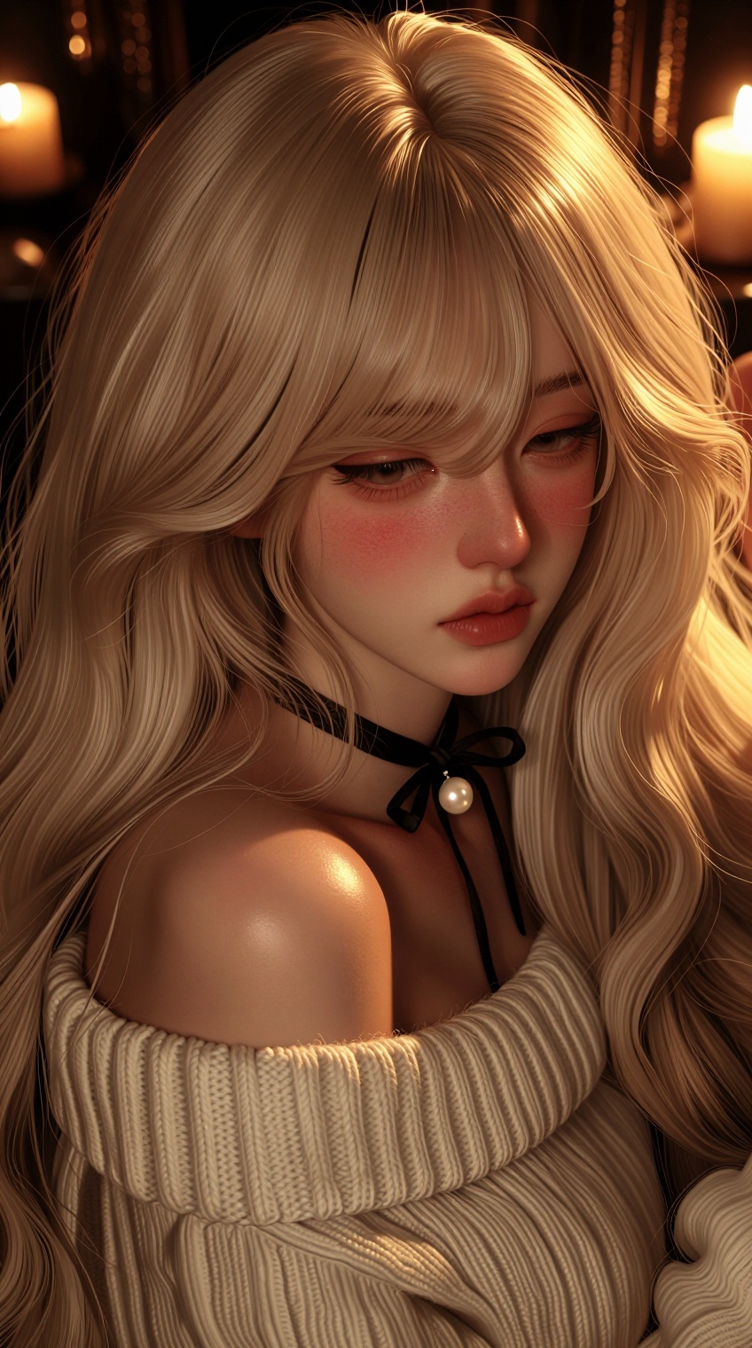 A soft and intimate close-up portrait of a beautiful young woman with a delicate,  doll-like face. She has long,  volumino...