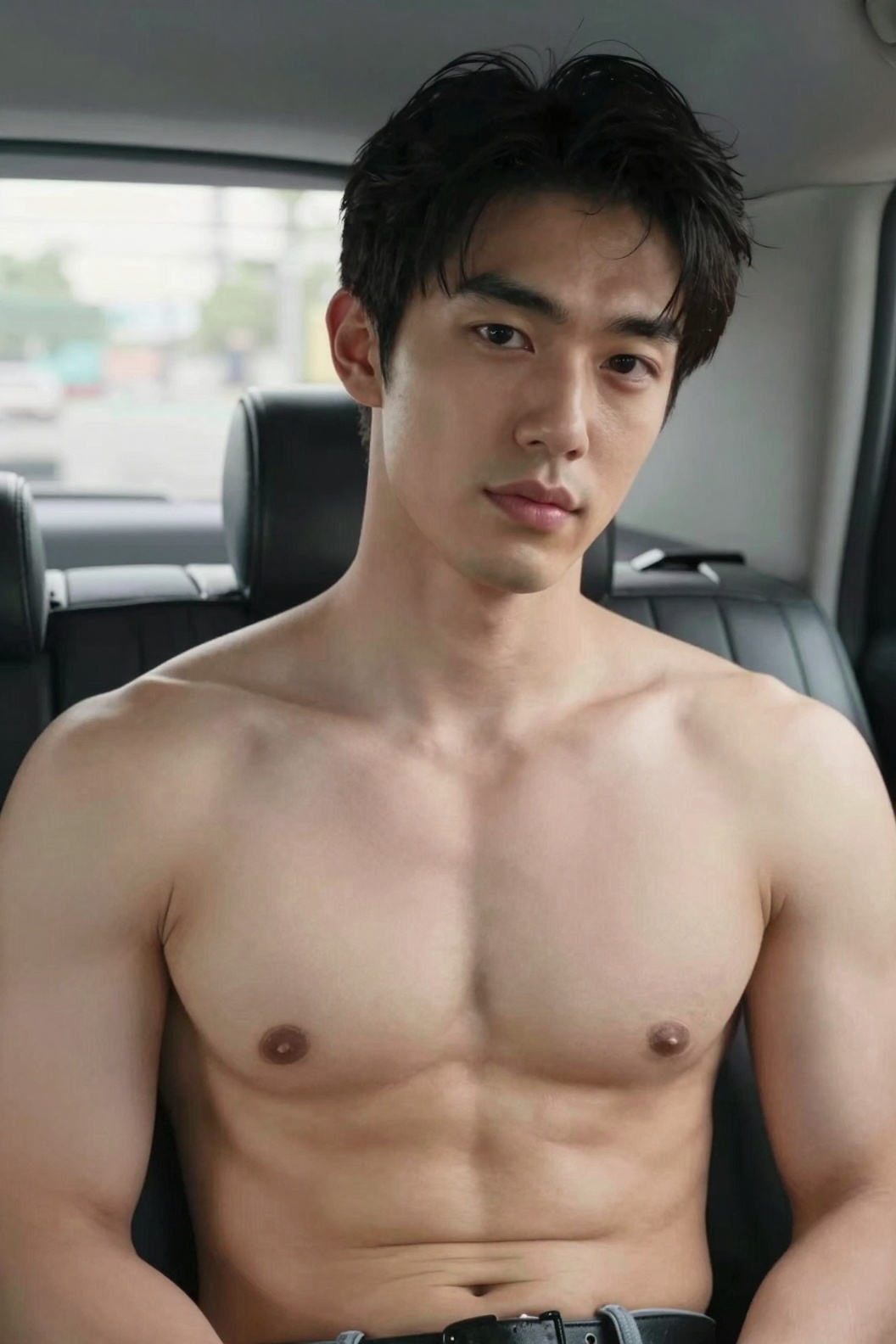 A photorealistic half portrait of a young japanese East Asian man,  with short black hair and muscular build with wide sho...
