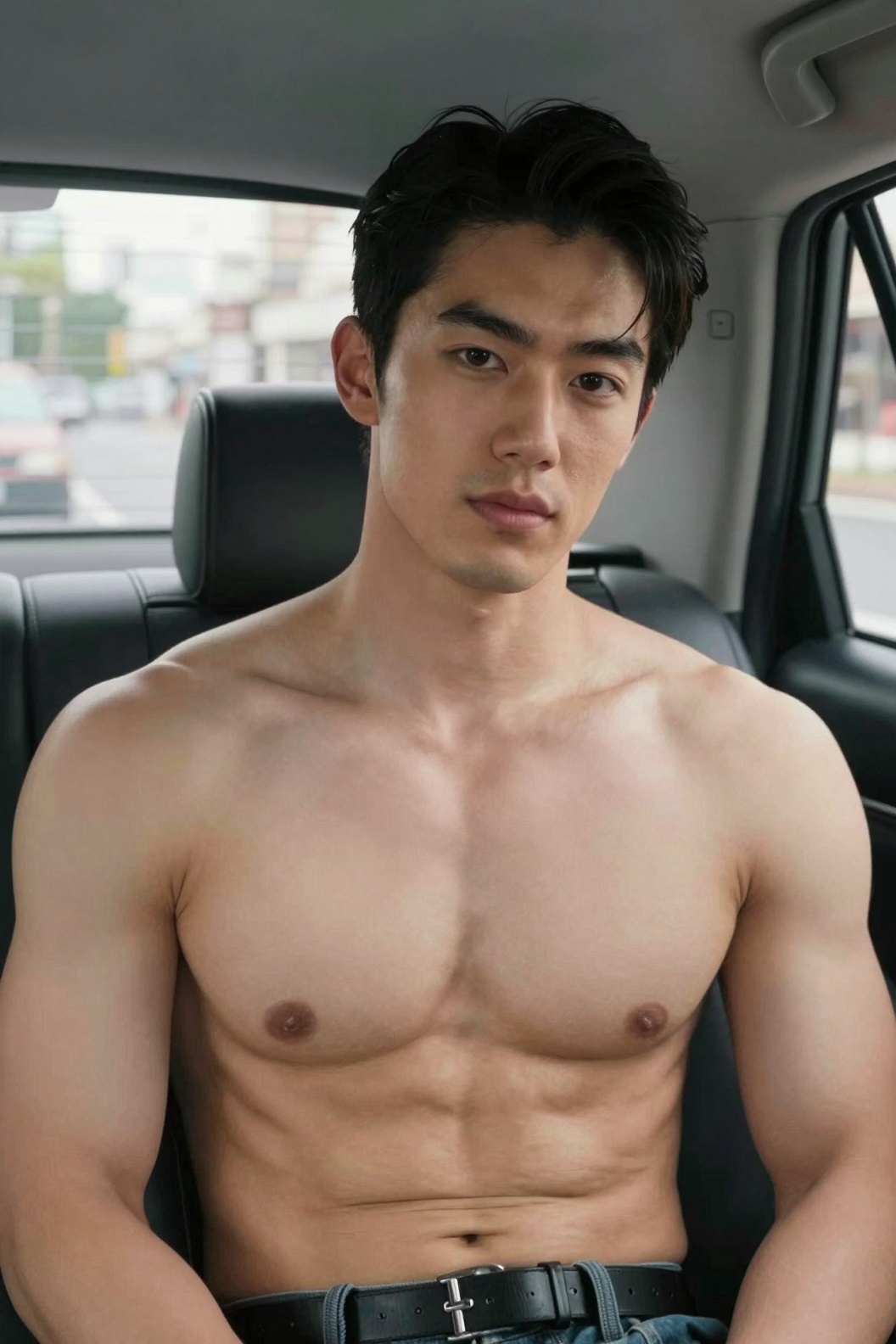 A photorealistic half portrait of a young japanese East Asian man,  with short black hair and muscular build with wide sho...