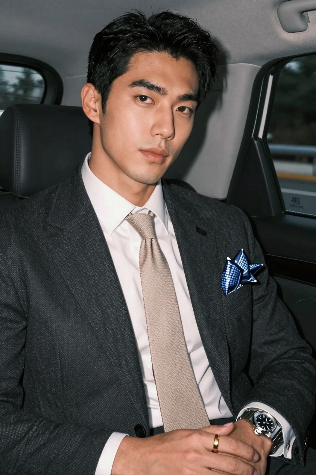 A photorealistic half portrait of a young Japanese East Asian man with short black hair,  a muscular build,  broad shoulde...