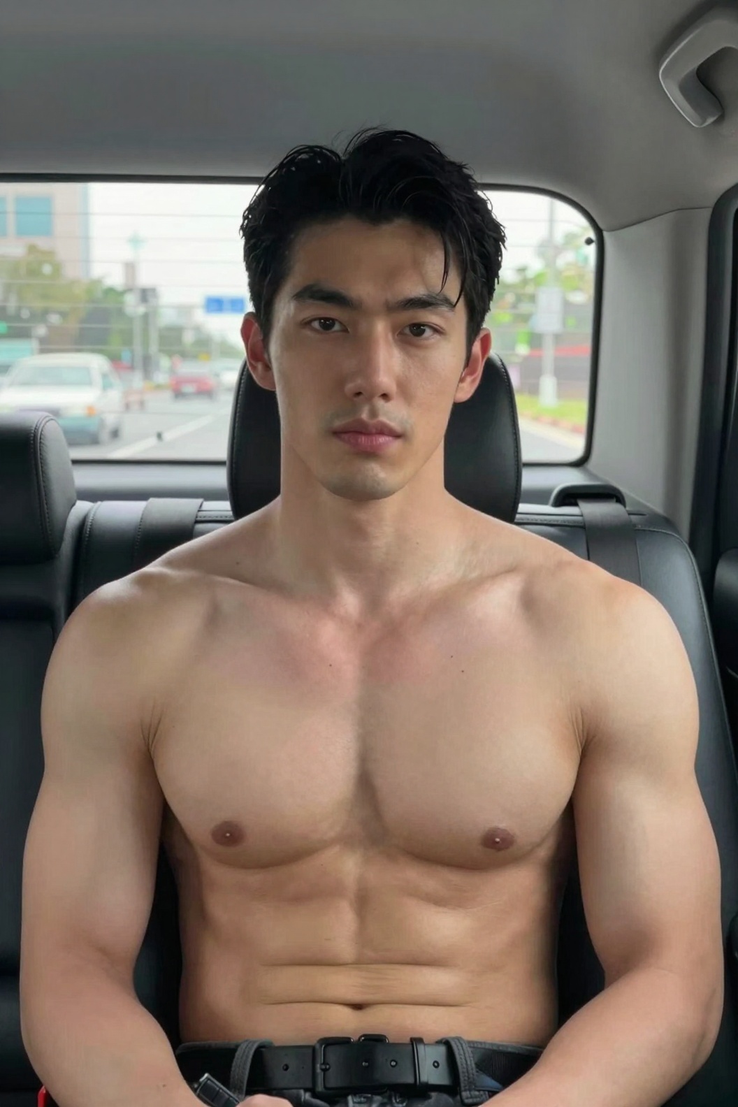 A photorealistic half portrait of a young japanese East Asian man,  with short black hair and muscular build with wide sho...