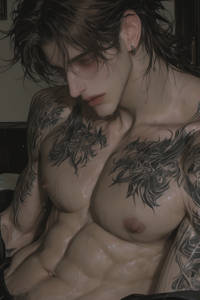A hyper-detailed semi-realistic digital painting of a young ***** man shown from the waist up,  shirtless,  with short on...