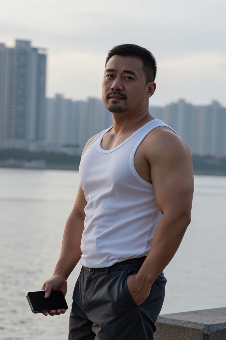 这名男子身着白色紧身背心,  脂包肌身材,  手中握着一部手机 by 一起旅行 on Tensor.Art