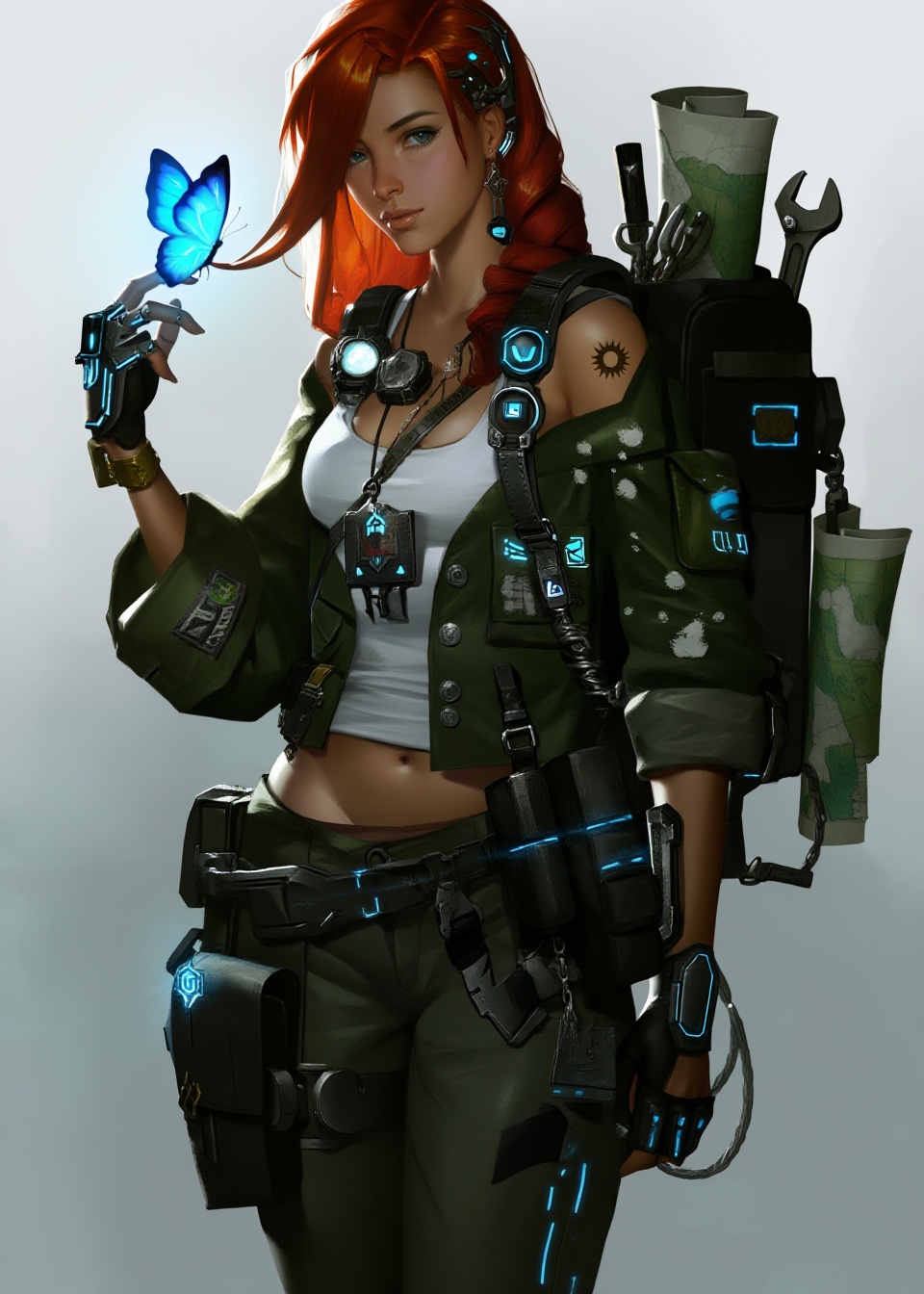 This digital artwork features a striking young woman with long,  flowing red hair,  styled in a loose on Tensor.Art