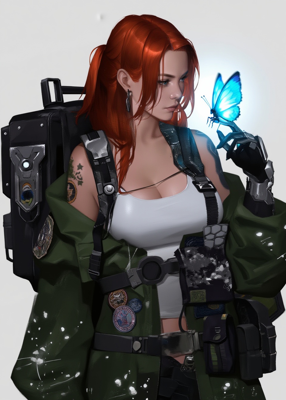 This digital artwork features a striking young woman with long,  flowing red hair,  styled in a loose on Tensor.Art
