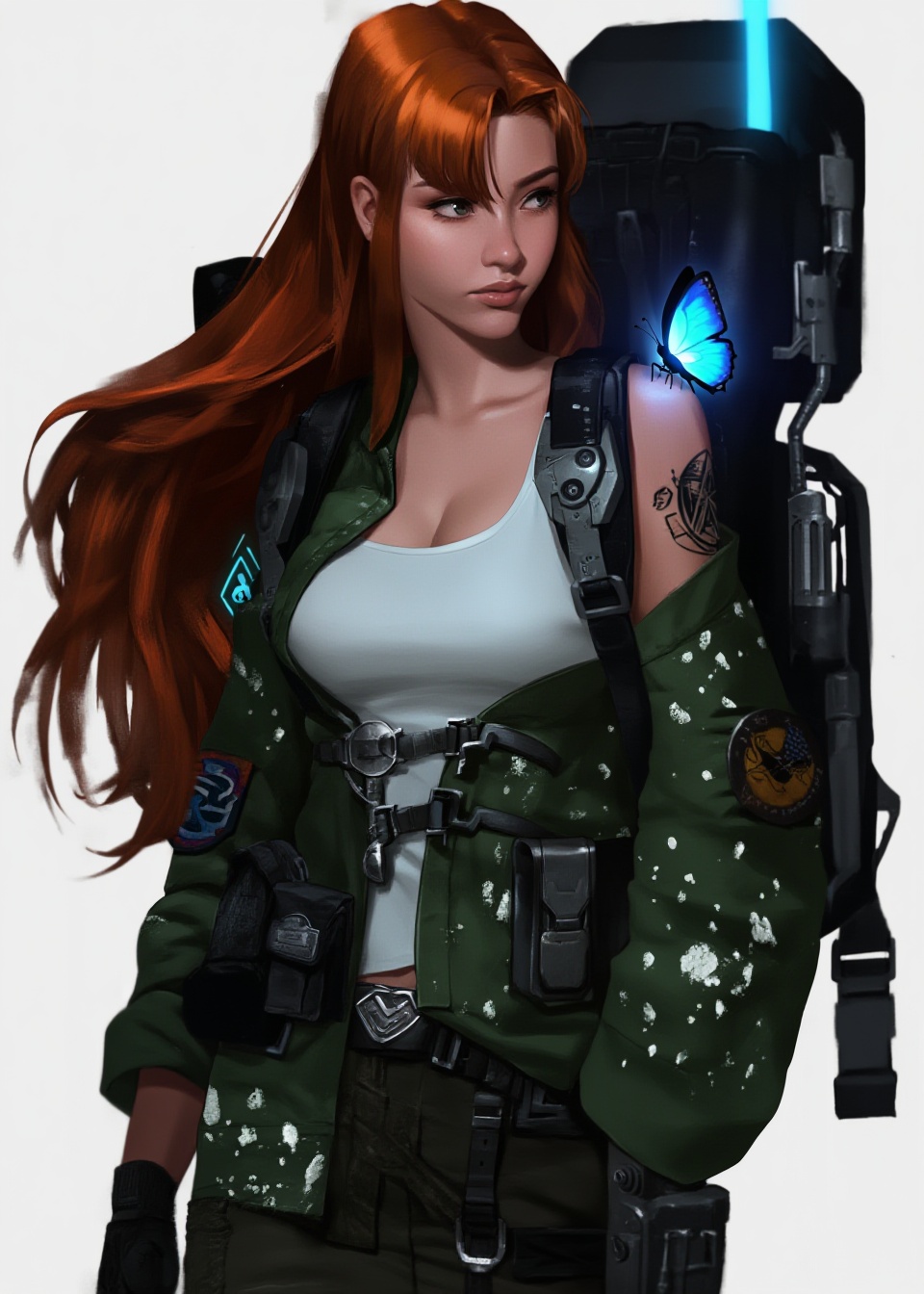 This digital artwork features a striking young woman with long,  flowing red hair,  styled in a loose on Tensor.Art