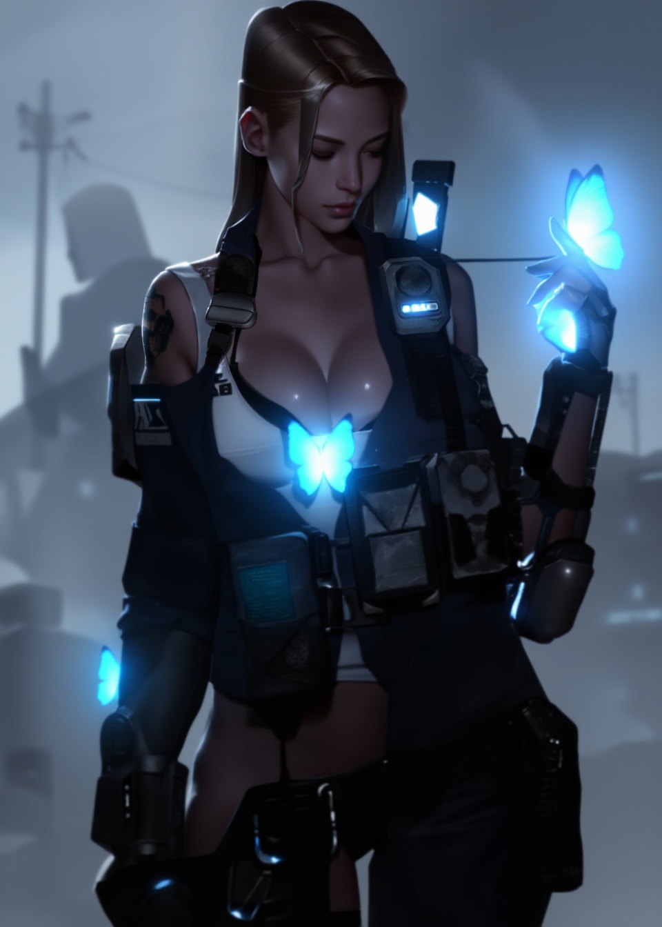 This digital artwork features a striking young woman with long,  flowing hair,  styled in a loose on Tensor.Art