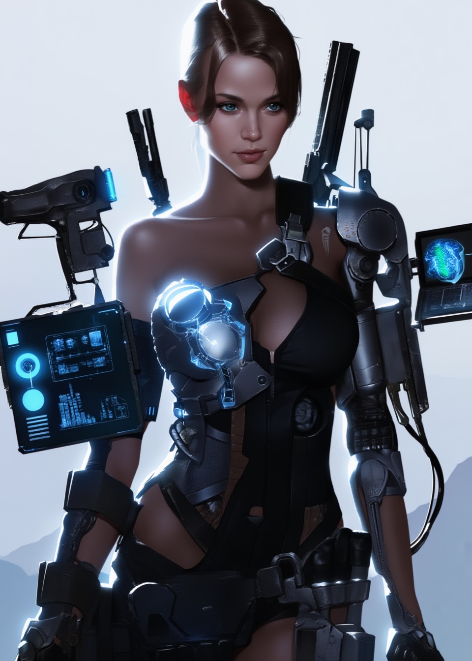 This digital artwork features a striking woman. slight science fiction and post-apocalyptic setting. ensuring the focus re...