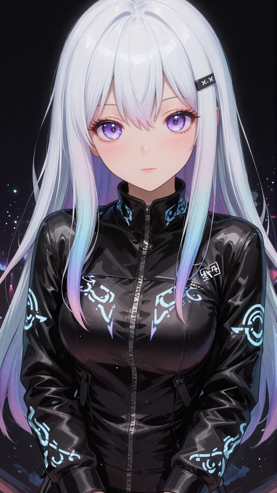 this is a digital anime-style portrait of a young woman with a futuristic aesthetic,  she has long,  flowing hair that tra...