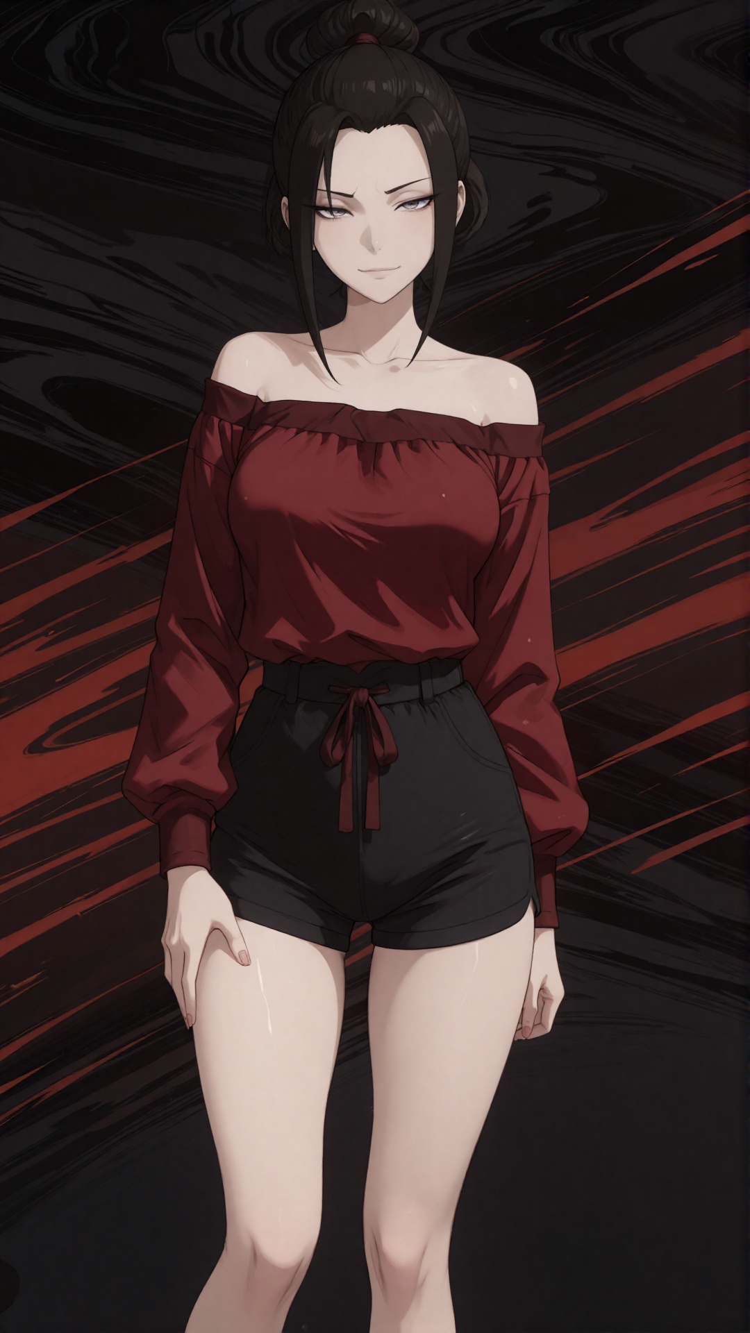 this is a digital anime-style illustration of a young woman with pale skin and dark brown hair in a high bun,  she has sha...