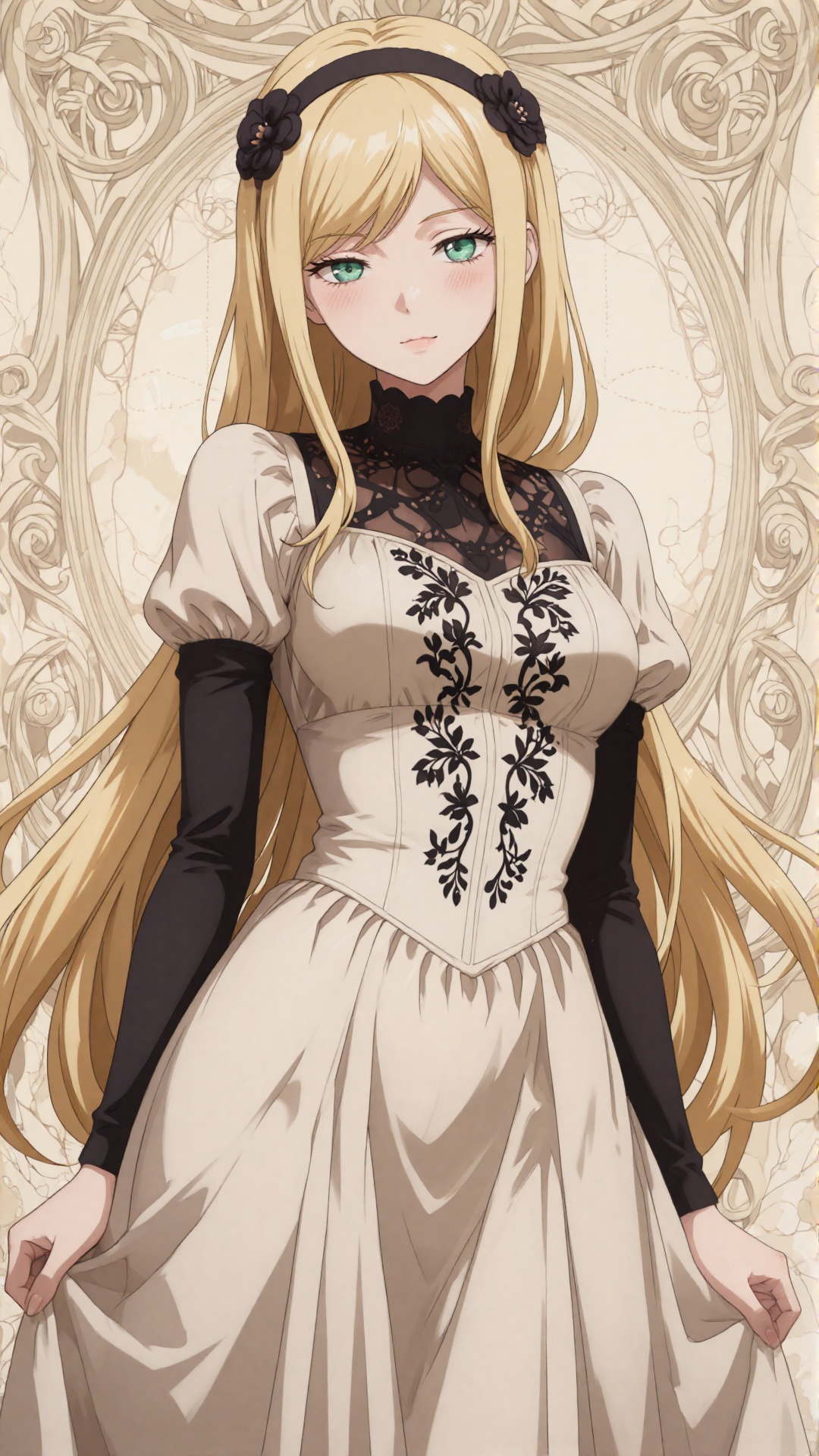 this digital anime-style drawing features a blonde woman with long,  flowing hair adorned with a black flower headband,  s...