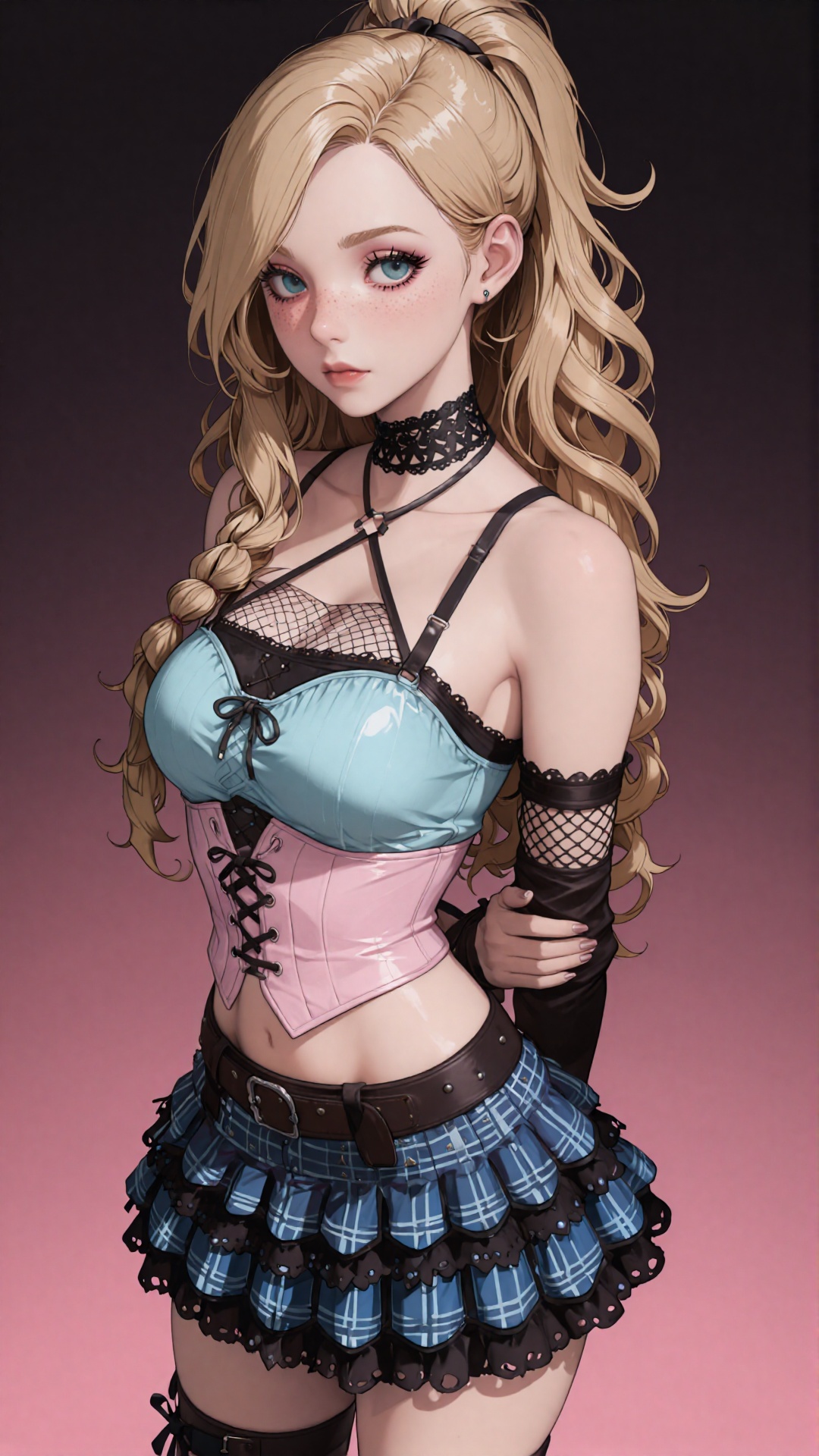 this is a digital illustration of a young woman with pale skin and long,  wavy blonde hair tied in a side braid,  she has...