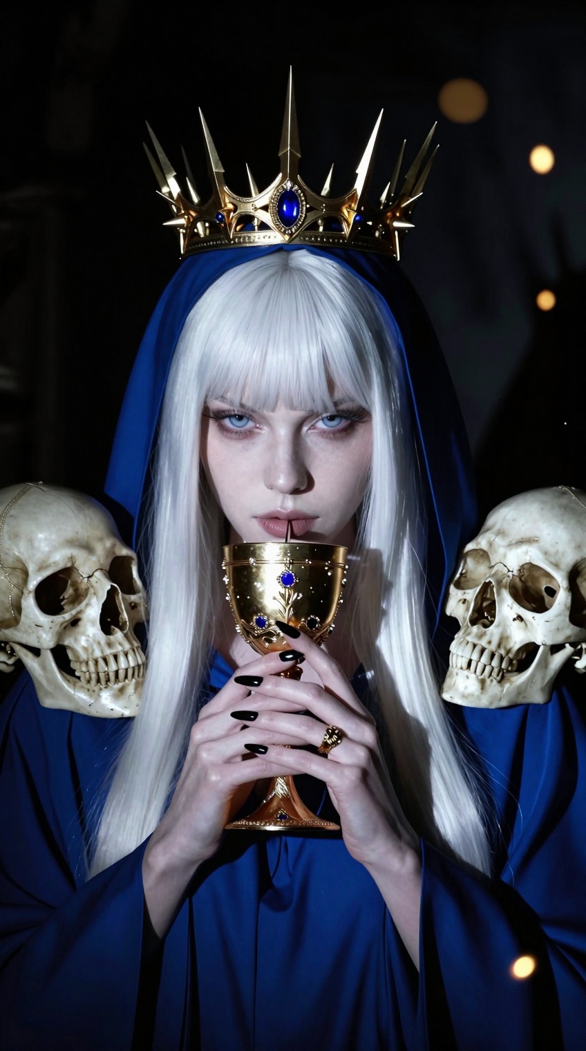 A close-up,  centered portrait of a regal woman with long,  straight white hair and blunt-cut bangs that frame her forehea...
