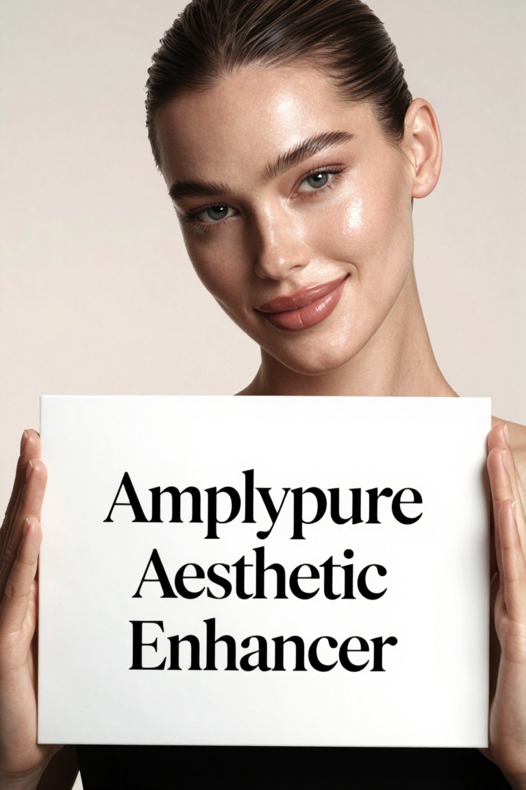 A high-quality professional studio portrait of a beautiful woman with glowing skin,  holding a clean white minimalist sign...