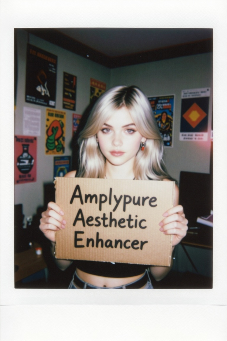 A lo-fi polaroid shot of a cool girl with long platinum blonde hair,  holding a handwritten cardboard sign with the words...
