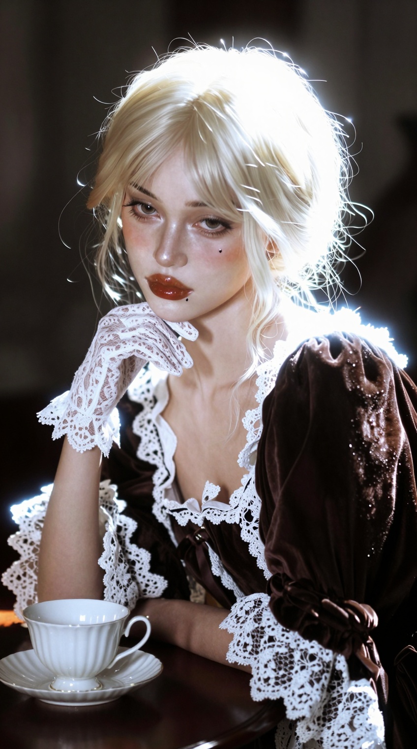 A high-detail medium shot of a stunning young woman with a melancholic,  doll-like face,  evoking a modern Rococo aestheti...