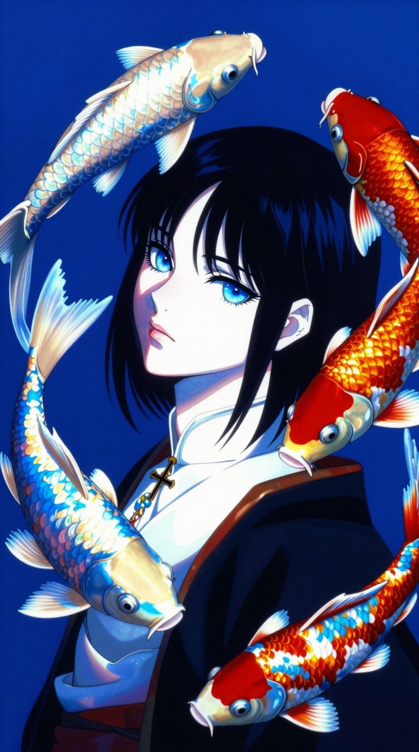 anim35theticcc,  A young woman with short dark hair and striking blue eyes gazes upward,  her expression calm yet intense...
